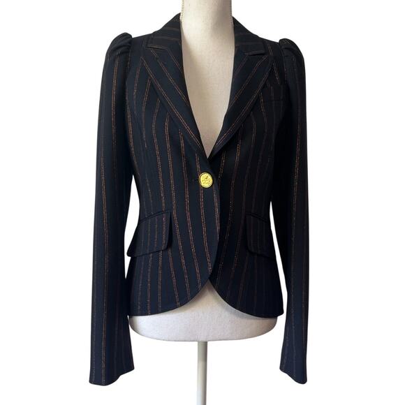 Smythe Navy Copper Pinstripe Puff Shoulder Blazer Tailored Jacket Power Size 6 - Picture 2 of 9